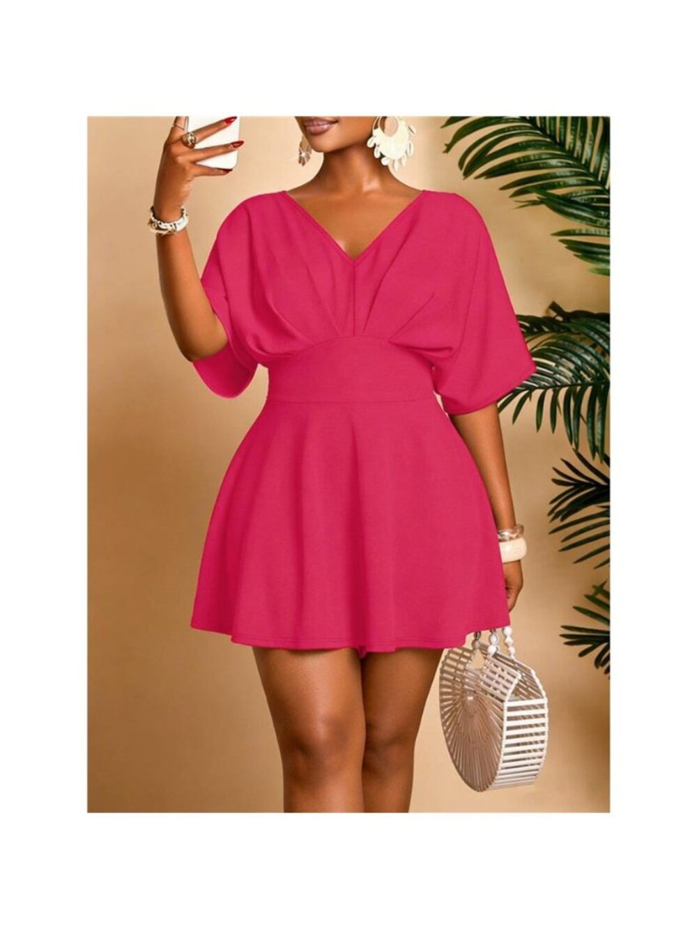 Plus Size V-Neck Half Sleeve Mini Dress